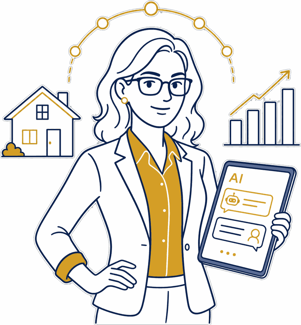 A broker working alongside an AI assistant, backed by a home and a rising market chart